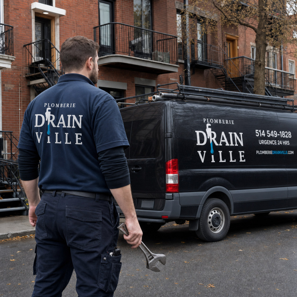 Plombier de Plomberie Drainville devant le camion de service à Montréal